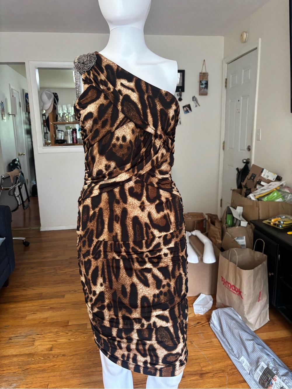 Leopard Animal Print One Shoulder Beaded Sheath Dress S/m Stretch